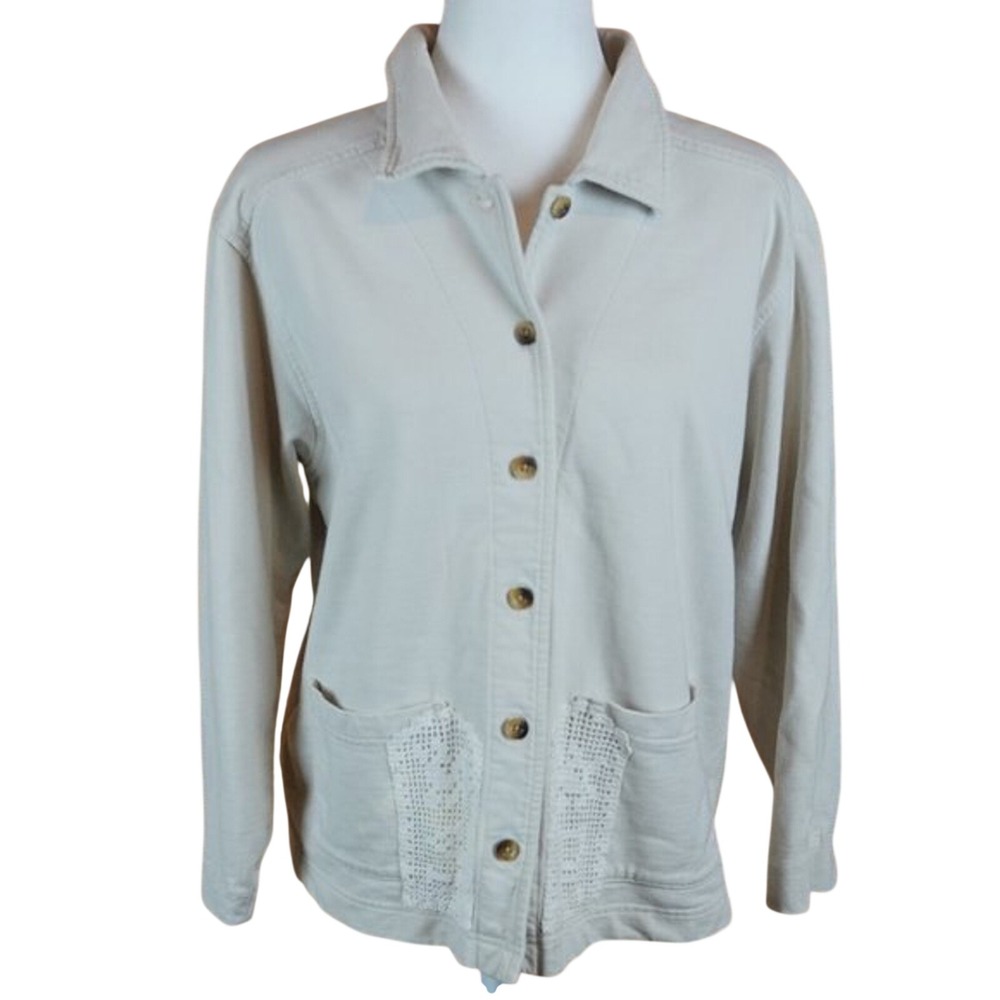 L.L.Bean Beige Button Up Sweater Jacket Crochet Detail on Pockets Size Large